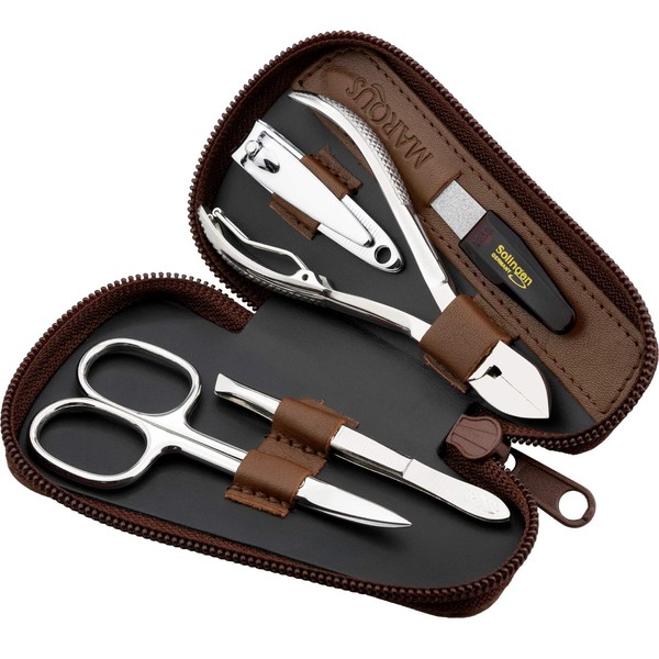 marQus Manicure Set Men - Mens Nail Grooming Kit for Professional Care, Stainless Steel Nail Cutter, Scissors, Clippers, Sapphire file and Tweezers in a Black Leather Case