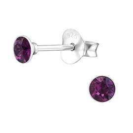 925 Sterling Silver with sparkling Crystals small round stud earrings 3mm women in various sparkly colours anti allergy hypoallergenic nickel free jewellery ladies sensitive ears gift box (Amethyst)