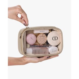 Pocmimut Makeup Bag,PU Leather Clear Makeup Bag Travel Makeup Bag Car Essentials for Women,Travel Essentials Cosmetic Bag Organizers(Beige), Long-Apricot, Small, Long