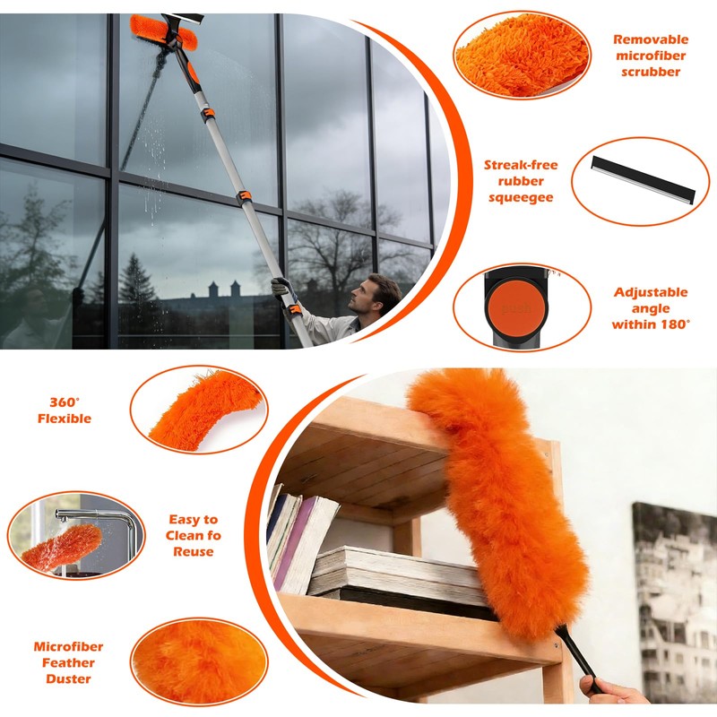 20FT Reach Extendable Ceiling Duster Kit with Squeegee & Cobweb