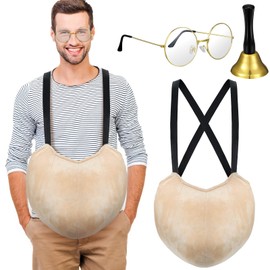 Suhine 3 Pcs Christmas Santa Belly Costumes Set Fake Padded Belly Round Clear Lens Glasses Gold Hand Bells for Men (Beige)