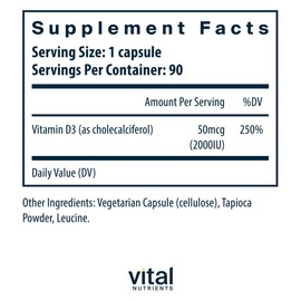 Vital Nutrients Vitamin D 2000 IU | Vitamin D3 Supplement | Healthy Bones, Teeth, Muscles*| Cellular & Immune Function | Calcium Absorption | Gluten, Dairy and Soy Free | 90 Capsules
