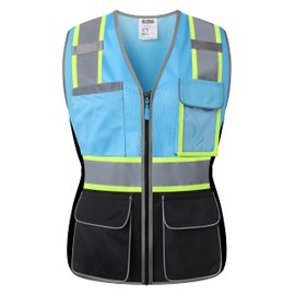 JKWEARSA Women Safety Vest, High Visibility Reflective Mesh Work Vest With Pockets And Zipper For Lady, Girl (Blue And Black, X-Large)