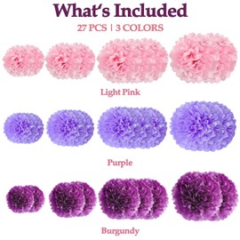 Dark Purple,Pink Tissue Paper Pom Poms Flower Set- 27PCS Purple Butterfly Ideal for Birthday,Bridal Showers,Wedding,Baby Shower Party Decorations (12",10",8",6)
