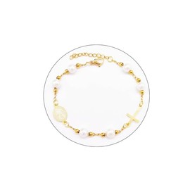 Eigso Women's Religious Rosary Beads Bracelet Catholic Crucifix Medal Bracelets for Woman Christening Confirmation Jewellery, Stainless Steel