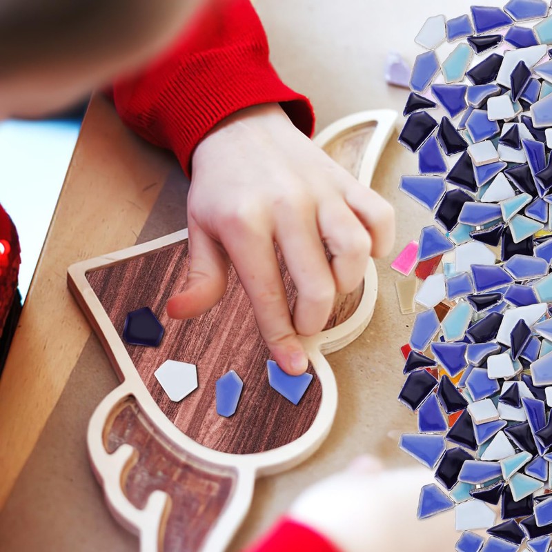 Tofficu DIY Mosaic Ceramic Tiles Irregular Shape Blue Mix 200G