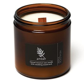 Crackling Wood Wick Candle Handcrafted with Organic Coconut Wax and Essential Oils (Amber, Large 16 oz)