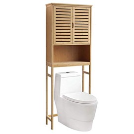 MUPATER Bamboo Over-The-Toilet Storage Cabinet Bathroom Organizer with Shelf and Cupboard, Freestanding Small Over The Toliet Cabinet, Space Save, Natural, 67''H x 24''W x 9''D