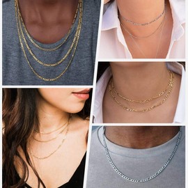 Richsteel Chain Link 18K Gold Plated Figaro Necklace for Girls Smooth NK 3:1 Design 3MM Wide 28Inch(71CM) Length Present for Daughter Stainless Steel Chain Jewelry Flat Chain Necklace