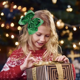 AMYDECOR 8 Inch Green Sparkly Glitter Sequin Hair Bows for Girls