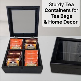 PresenceHHH Wood Tea Chest - Durable & Luxury Wooden Tea Storage Box with 4 Compartments & Glass Lid - Sturdy Tea Containers for Tea Bags & Home Decor – (Black - 18x18x8cm)