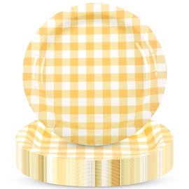 Houuqe 48Pcs Gingham Party Supplies Yellow Paper Plates 9 inches Disposable Plaid Decorative Dinner Dessert Serving Plates for Baby Shower Wedding Birthday Party
