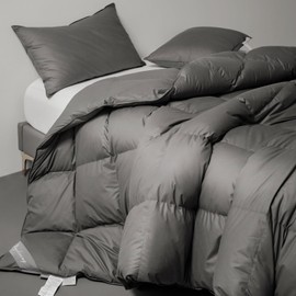Royoliving Luxurious Down Duvet Insert Feather Twin Size All Season Charcoal Grey 100% Organic Cotton Cover Gray Down with Corner Tabs (68x90, 35 oz)