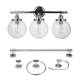 Globe Electric Milan 5-Piece All-in-One Bathroom Set, Chrome, 3-Light Vanity Light with Clear Glass Shades, Towel Bar, Towel Ring, Robe Hook, Toilet Paper Holder