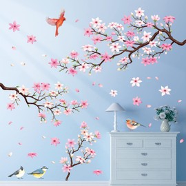 DECOWALL SG2-2305 Pink Cherry Blossom Tree Wall Stickers Birds on Flower Branch Decals Removable for Nursery Bedroom Living Room Art Home Decor Mural Decoration
