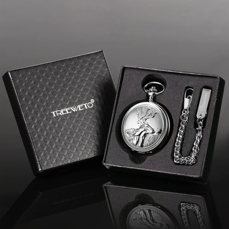 TREEWETO Men's Deer Reindeer Silver Full Hunter Case Pocket Watch