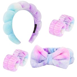 Semato Spa Headband and Wristband Set Skin Care Headband Fluffy Bow Face Wash Headband Hair Accessories Bubble Sponge Spa Headband for Women and Girls (tie dye-purple)