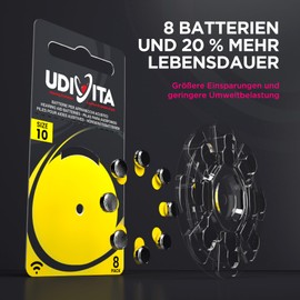 8 Batterien für Hörgeräte Größe 10 PR70 Gelb + 200 Udiclean Desinfektionstücher Taschenformat + Reinigungsspray Integrierte Bürste Udinett 100ml - Kit Essential Clean