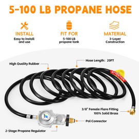GasSaf 20FT 2 Stage Propane Regulator with Hose for RV, Generator, Gas Grill, Heater and More Low Pressure Appliances, Universal POL Connector & 3/8" Female Flare