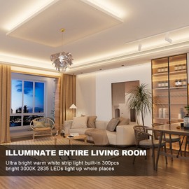 MY BEAUTY LIGHT LED Strip Lights Warm White,16.4ft Dimmable LED Light Strip with RF Remote,300 Bright 3000K 2835 LEDs,Plug-in Adhesive Rope Lights with Timing Mode for Living Room Bedroom Kitchen