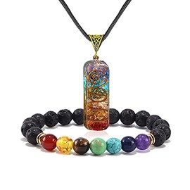 Healing Crystals Gemstone Chakra Om Symbol Pendant Necklace Lava Rock Bracelet Set Prosperity Reiki Wealth Money Fortune Positive Energy Quartz Yoga Meditation Jewelry for Women Men-Set A