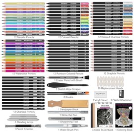 HIFORNY Juego de 120 piezas para dibujo y boceto, juego de suministros de arte con libro de bocetos de 3 colores, libro para colorear, lápices de arcoíris, de colores, acuarela, metálicos, grafito
