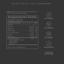 Pluck Pure | Beef Organ Supplement Powder | From 100% Grass Fed & Grass Finished Pastured Beef Liver, Kidney, Spleen, Heart, & Pancreas | 40 Servings