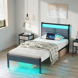 Twin Bed Frames with Charging Station, LED Lights Bed with Grey Upholstered Headboard, Under Bed Storage, with Heavy Duty Slats Support, No Box Spring Needed, Noise Free, Easy Assembly, Black