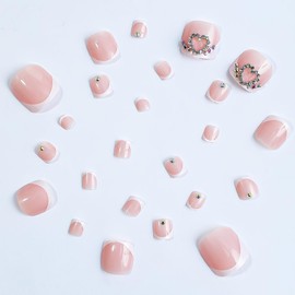 24 Pcs Pink Press on Toenails for Women,YEFIUO Short Fake Toe Nails Press ons Nail Art Tip with White French Heart Rhinestones Design Full Cover Toe Press on Nails Acrylic False Toe Nail Glue on Nails