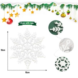 Mualady 12PCS 10cm Glitter Snowflake Hanging Decorations, White Christmas Tree Decorations with Lanyard, Plastic White Snowflake Ornaments for Birthday Party (White)