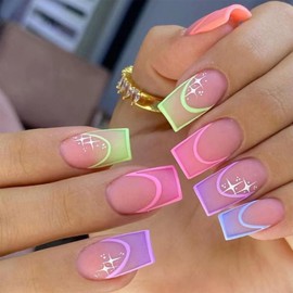 Multicolor French Tip Press on Nails Medium Square Fake Nails White Star Acrylic Nails Design Reusable Artificial Stick on Nails Natural Fit Glue on Nails for Women DIY Charm Manicure
