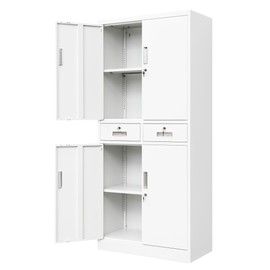 Wanfu Metal Storage Cabinet, Locking Storage Cabinet with Adjustable Shelves and 2 Drawers, 16" D x 32" W x 71" H Steel Storage Cabinet for Office, Garage, Home, Classroom, Utility Room(White)
