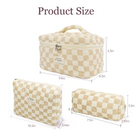 Hatende 3Pcs Cotton Quilted Makeup Bag Set,Large Floral Cosmetic Bag，Aesthetic Toiletry Travel Makeup Bag Set and Cute Flower Bag for Women Girls (White Brown Plaid)