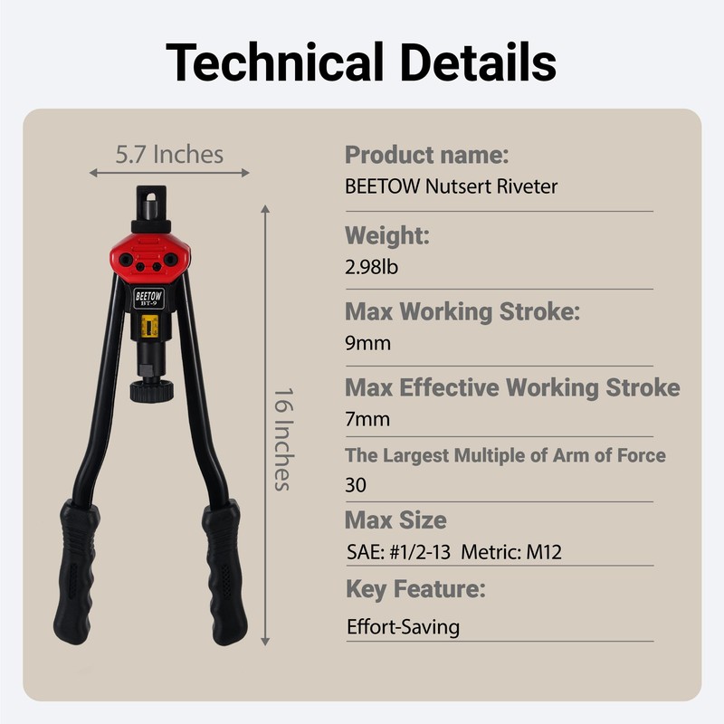 BEETOW Professional Rivet Nut Tool Kit – 16'' Rivnut Gun