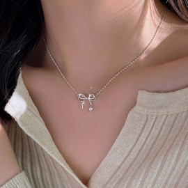 TseenYi Bow Knot Necklace Silver Rhinestone Bow Necklace Round Crystal Choker Necklace Small Bow Pendant Necklace Shine Cz Necklace Chain Jewelry for Women and Girls Gifts