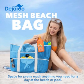 Dejaroo Mesh Sand Free Bag - Strong Lightweight Bag For Beach & Vacation Essentials. Tons of Storage!, Neon Blue With White Handles, Large, Mesh