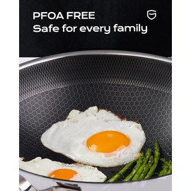 FGJ Wok pan,13 inch Hybrid Wok with Lid,PFOA Free Cookware,Non Stick Stainless Steel Woks & Stir-fry pans Nonstick, Dishwasher and Oven Safe, Works on Induction