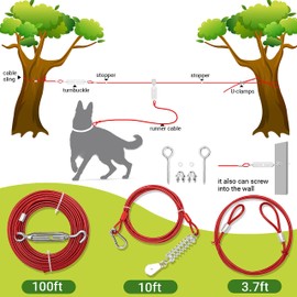Dog Tie Out Cable - 100 ft Long Dog Cable with 10 ft Run Cable for Yard Training Running Camping Hiking Outdooor - Heavy Duty Chew Proof Lead Leash with Buffer Spring for Small Medium Large Dog