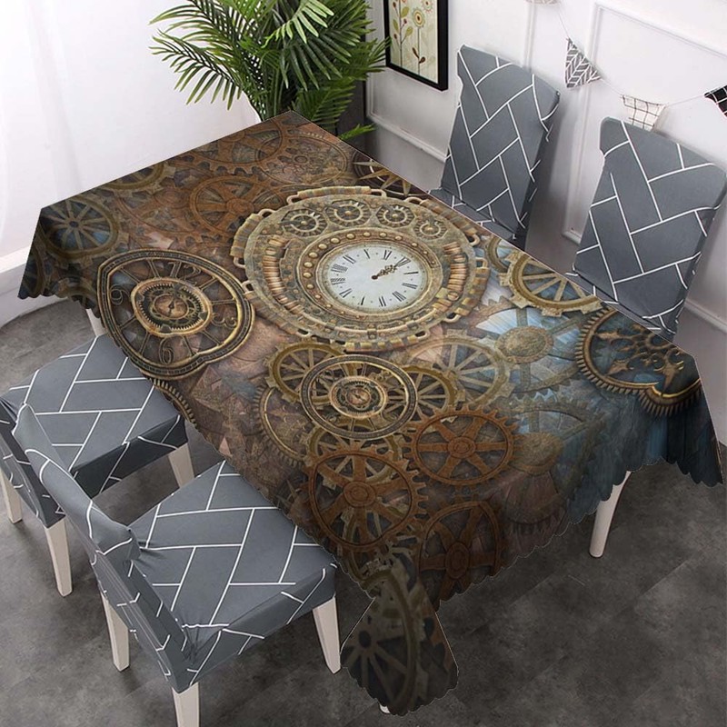 Walmsco Tablecloth Retro Brown Clock Gears Decor For Dining Room