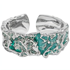 NicoWerk Women's Silver Ring Turquoise 925 Sterling Silver Wide Band Ring Textured Patterned Shiny Fancy Enamel Mosaic Open SRI973, Silver, enamel