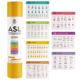 7-pack ASL American Sign Language Classroom Posters - Reversible 21.5" x 16.5" Laminated Alphabet, Numbers, Shapes, Colors, Basic Conversation Words, Question Words, and Simple Emotions