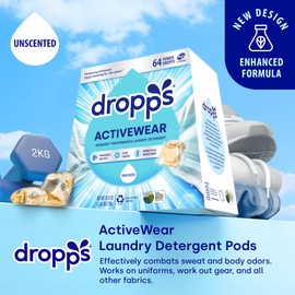 Dropps Activewear Laundry Detergent Pods, Unscented (64 Count) - Free & Clear | Fights Sweat & Body Odors | For Synthetic Workout Clothes | Clean Ingredients | Plastic Free Packaging