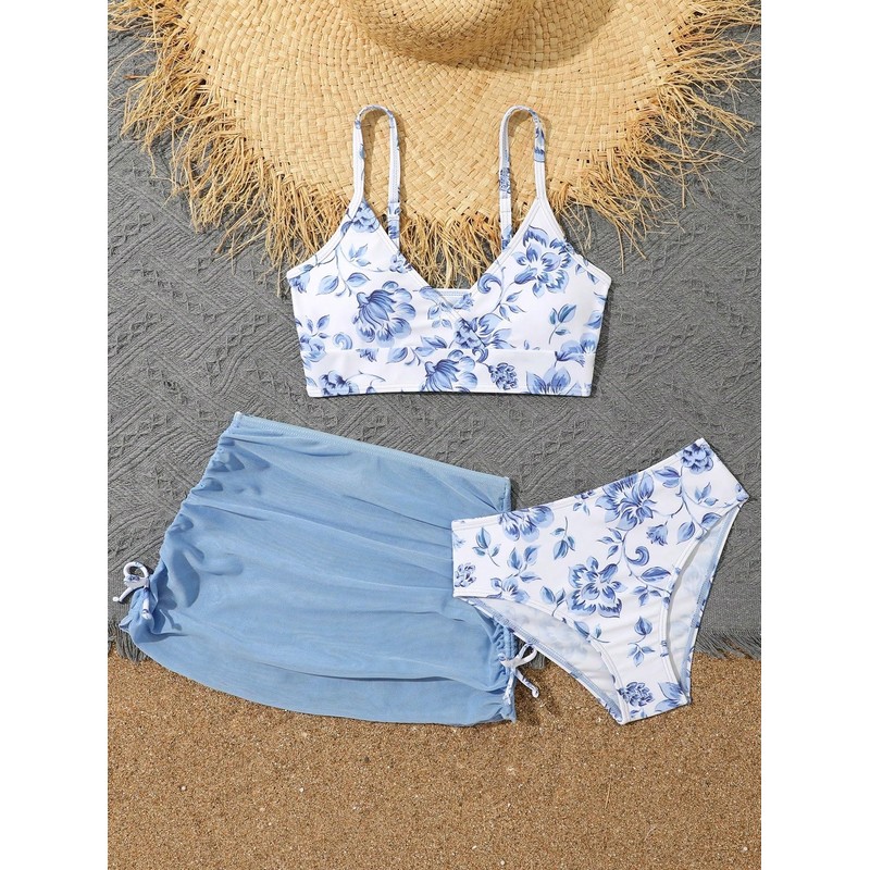 COZYEASE Girls' 3 Piece Set Floral Print Bikini Swimsuit with