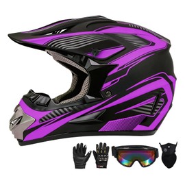 Motocross Helmet,Youth & Adult ATV Dirt Bike Motorcycle, Kids BMX 4-Wheeler Off-Road Mountain Bike Helmet,DOT Certified,W/Gloves Goggles Mask 4-Piece Set (Purple, X-Large)
