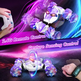 AEROQUEST Gesture Sensing Remote Control Car, 2.4GHz 4WD RC Drift Stunt Hand-Controlled Cars for Boys Age 8-12, All-Terrain Off-Road Twist Toys with Lights Music for Christmas Birthday Gifts (Purple)