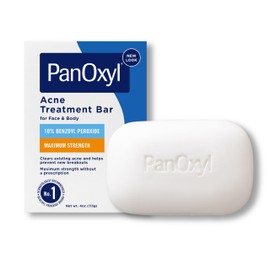 PanOxyl Acne Treatment Bar with 10% Benzoyl Peroxide, Maximum Strength Acne Bar for Face, Chest, and Back, Soap-Free Body Wash, Treats Acne Pimples, Whiteheads, Blackheads, pH Balanced, Vegan, 4 oz