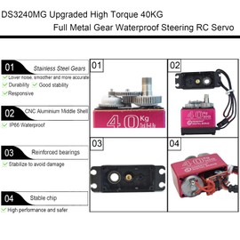 HOOYIJ 2 Pack High Torque 40KG Digital Servo, DS3240MG Full Metal Stainless Steel Gear Waterproof Steering RC Servo, for 1/8 1/10 Scale RC Car Crawler Buggy Airplane Control Angle 180°