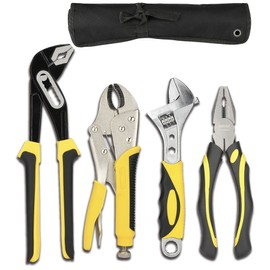 DOWELL Pliers Set 4-Pieces 8-Inch Combination Pliers Locking Pliers Adjustable Wrench 10-Inch Groove Joint Pliers Maintenance Tool Kit with Tool Pouch