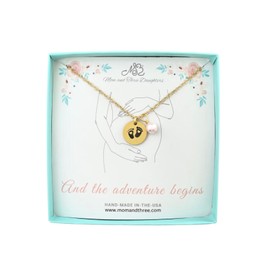 Gold or Silver Engraved Baby Footprint Necklace on a Stainless Steel Chain with Hand Wrapped Pearl. New Mom to be. Pregnancy Necklace. Baby Shower Gift.