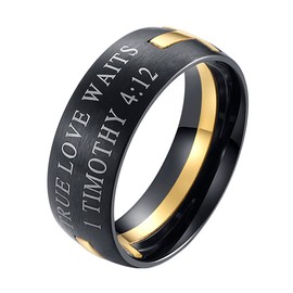 INRENG Men's Stainless Steel 8MM Bible Verse Christian Purity Cross Ring Band 1 Timothy 4:12 Black Gold Size 8